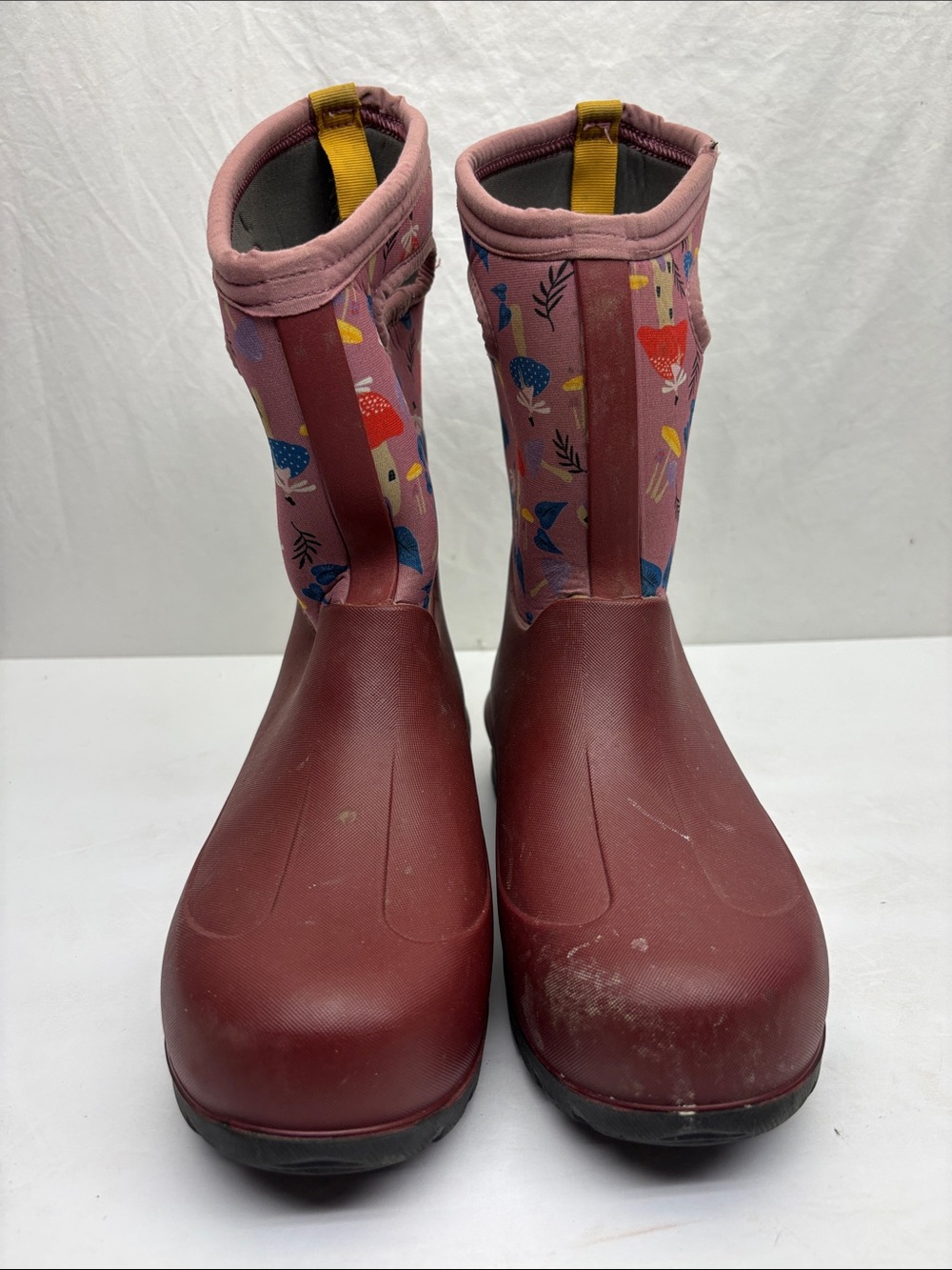 Bogs Kids Waterproof Maroon Pink Mushroom Print Rain Boots, SZ 5 big girl